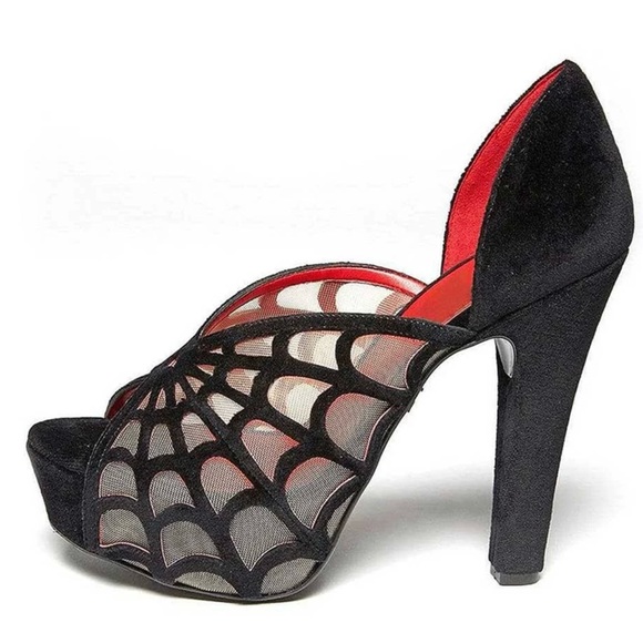Black and Red Mesh Spiderweb Goth Witchy Platform Heel - Picture 3 of 10